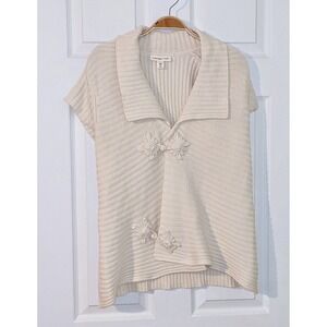 Coldwater Creek Knit Sweater Cardigan‎ Vest Short Sleeve Floral Button Cream M